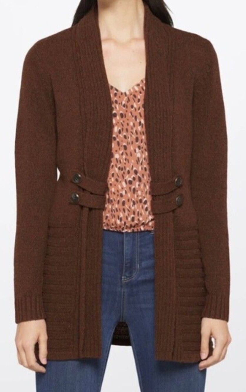 Fortune & Ivy Brown Cardigan Open Front Raiden Tab Sz S Knit Button Ribbed New
